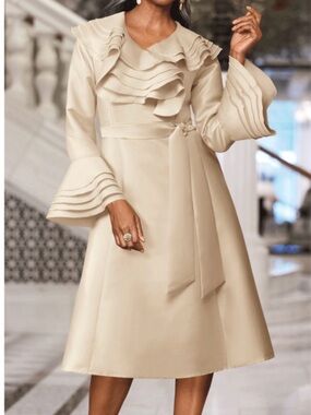 Ashro Cream Ruffle-Trim Long Sleeve A-Line Dress